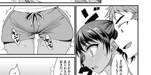 【エロ漫画】彼氏と海に遊びに来た巨乳お姉さん…日焼けした肌に欲情した彼氏に人気のないところへ連れられて開放的にセックス！【四条定史】